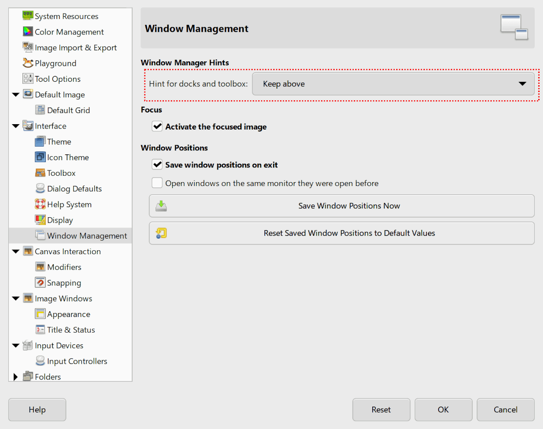 Screenshot of Preferences Dialog with 'Hint for docks and toolbox' option highlighted