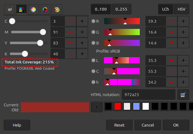 Screenshot of CMYK Color Selector showing Total Ink Coverage