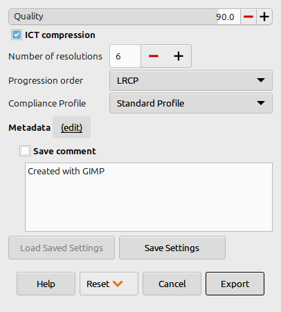 Screenshot of JPEG 2000 export dialogue