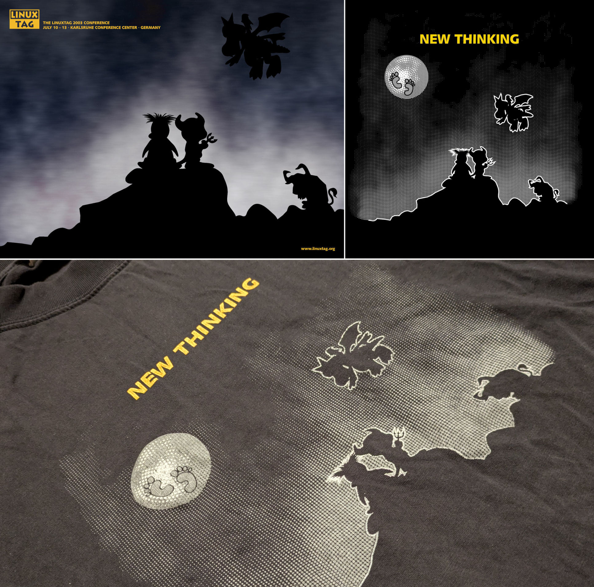 T-shirt design with the moon, cartoon characters, and dotted nebula effect