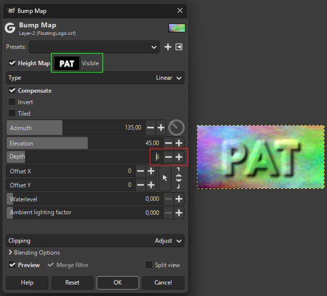 GIMP bump map dialog